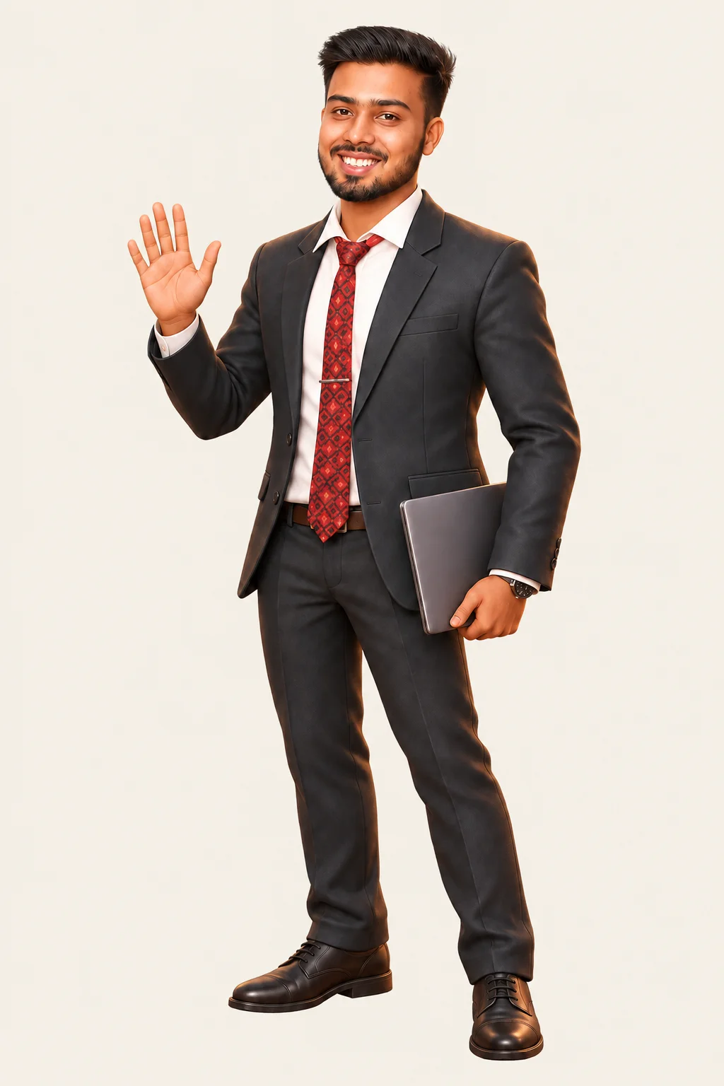 An illustrated portrait of Pratik in his dark suit and red tie, holding a laptop